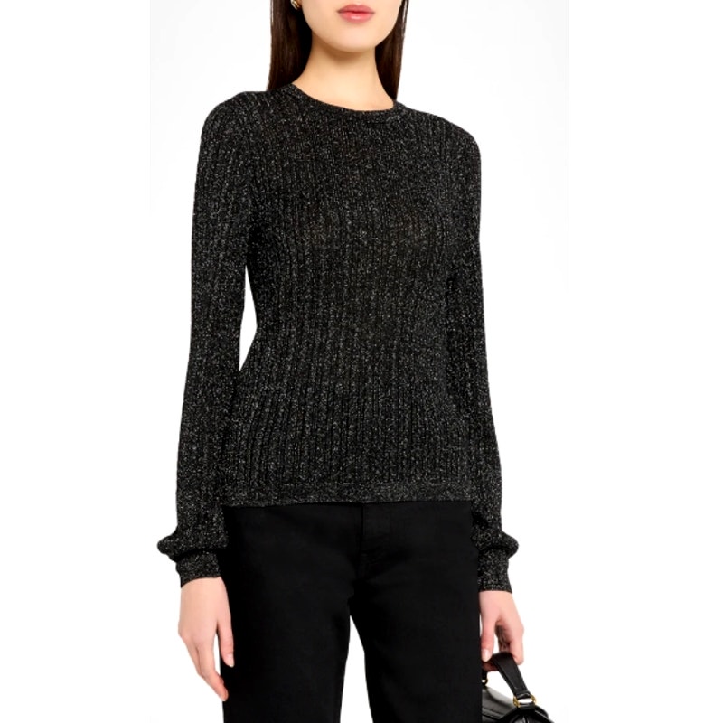 Paige Women's Black Adela Metallic Ribbed Crewneck Sweater Size L